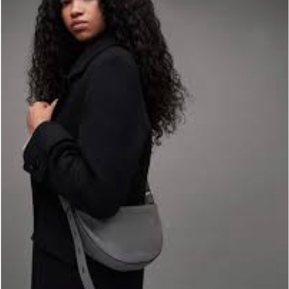 All Saints Half Moon Leather Crossbody Bag in Slate Grey